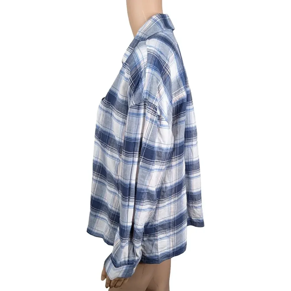 Madewell Hartfield Flannel Plaid Shirt M White Blue Peach Boxy Side Slit Button